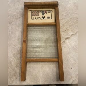 Vintage Wood & Glass Washboard with Cross Stitch Laundry Scene Farmhouse Decor
